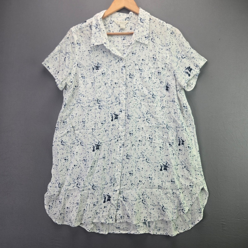 Khakis & Co Button Up Shirt L White Blue Splatter Rayon Short Sleeve Pockets